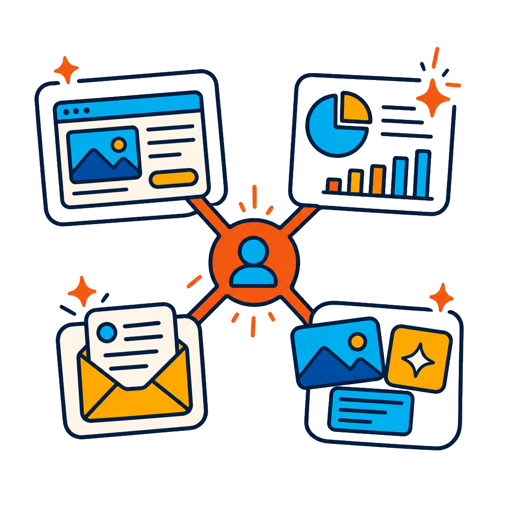 A custom illustration of website, sales, campaign, and AI assets aligned around one central message.